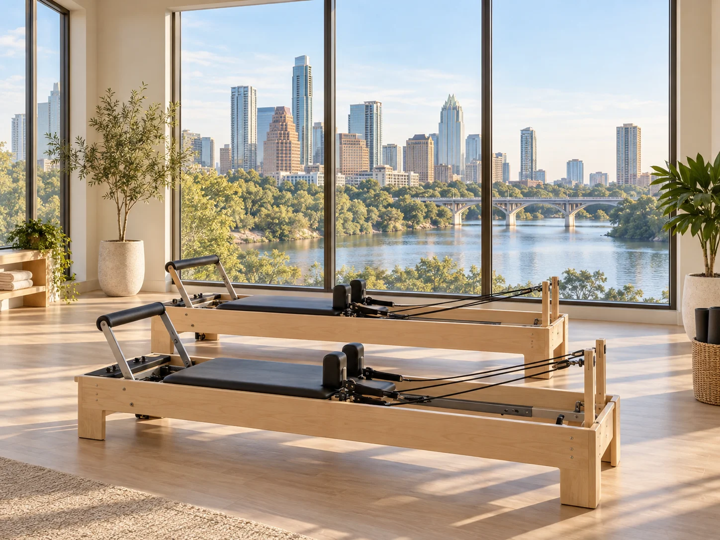 Austin Pilates illustration: river, arched bridge and skyline Illustration of Pilates reformers with Austin-inspired river, arched bridge and skyline