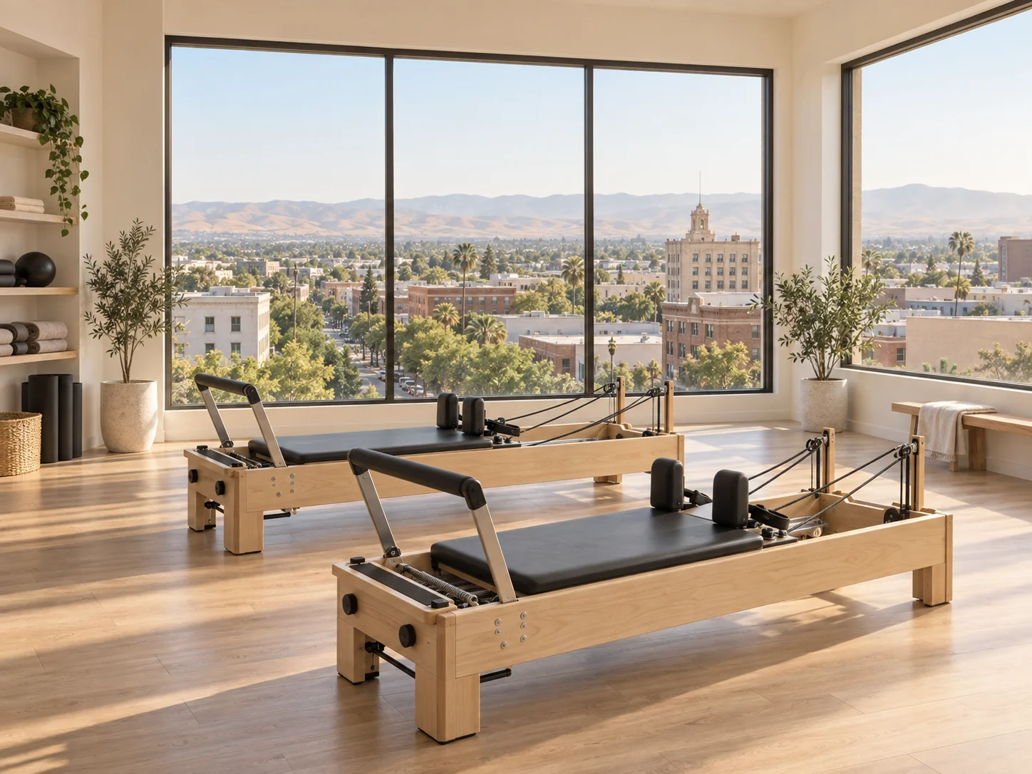 Bakersfield Pilates illustration: low brick downtown and distant dry foothills Illustration of Pilates reformers with Bakersfield-inspired low brick downtown and distant dry foothills