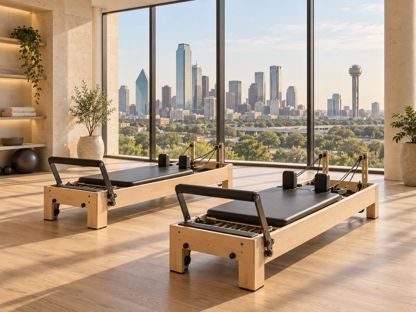 Dallas Pilates illustration: glass skyline and spherical observation tower Illustration of Pilates reformers with Dallas-inspired glass skyline and spherical observation tower
