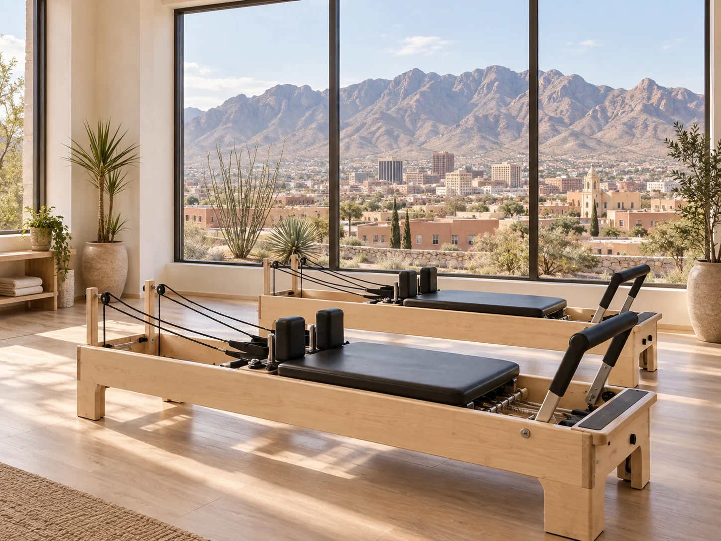 El Paso Pilates illustration: desert cityscape and rugged mountains Illustration of Pilates reformers with El Paso-inspired desert cityscape and rugged mountains