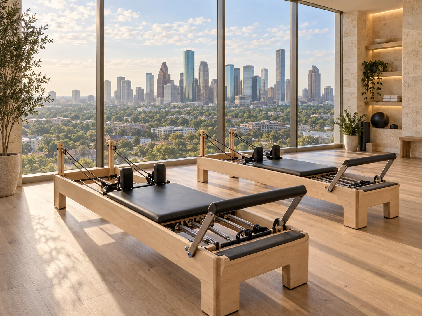 Houston Pilates illustration: glass towers and leafy neighborhoods Illustration of Pilates reformers with Houston-inspired glass towers and leafy neighborhoods
