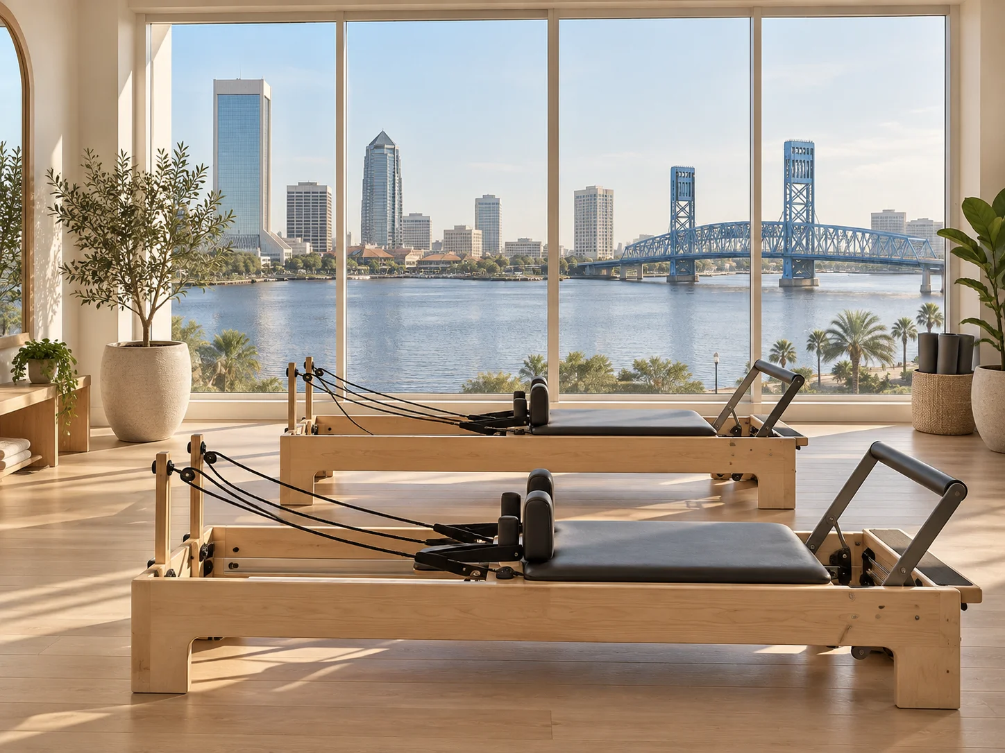 Jacksonville Pilates illustration: river, blue bridge and downtown Illustration of Pilates reformers with Jacksonville-inspired river, blue bridge and downtown