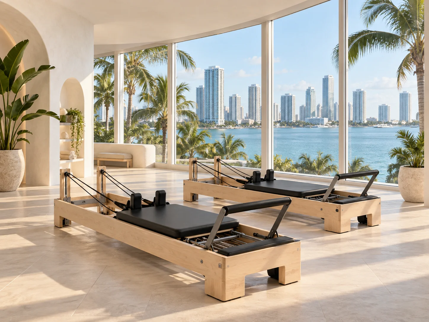 Miami Pilates illustration: bay, waterfront towers and palms Illustration of Pilates reformers with Miami-inspired bay, waterfront towers and palms