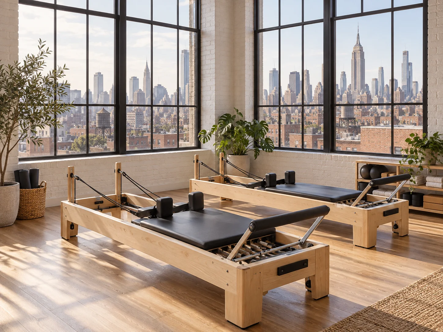 New York Pilates illustration: Manhattan skyline and brick rooftops Illustration of Pilates reformers with New York-inspired Manhattan skyline and brick rooftops