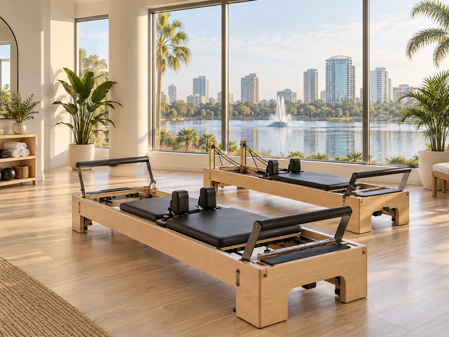Orlando Pilates illustration: urban lake, fountain and downtown Illustration of Pilates reformers with Orlando-inspired urban lake, fountain and downtown