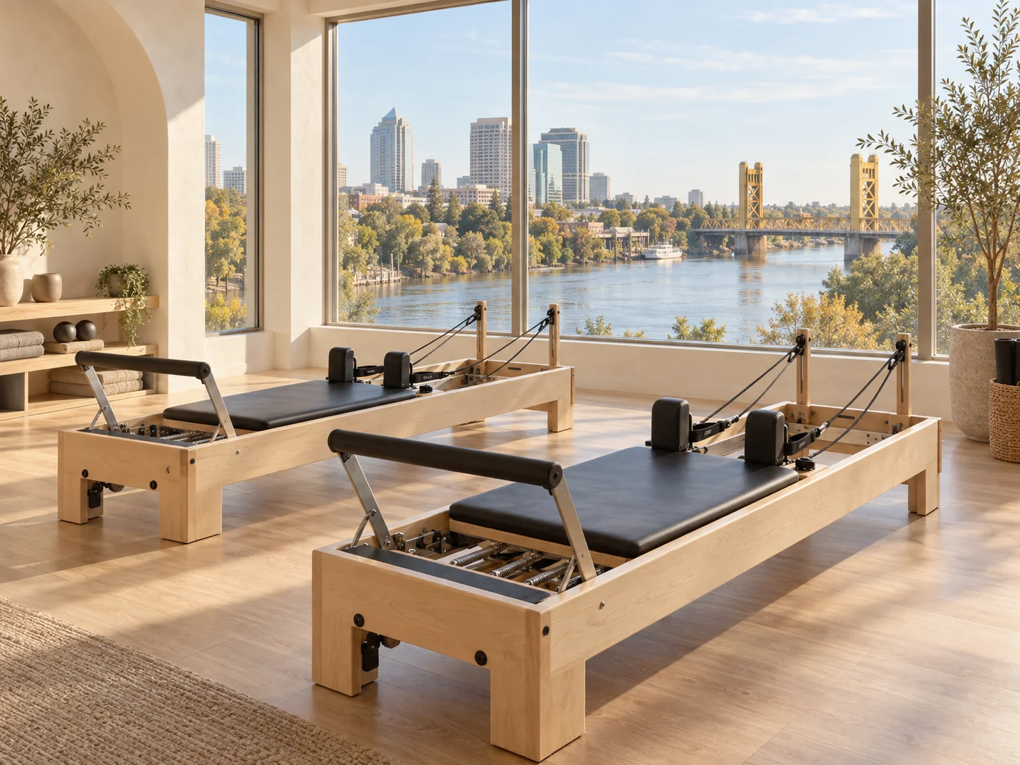 Sacramento Pilates illustration: river and golden lift bridge Illustration of Pilates reformers with Sacramento-inspired river and golden lift bridge