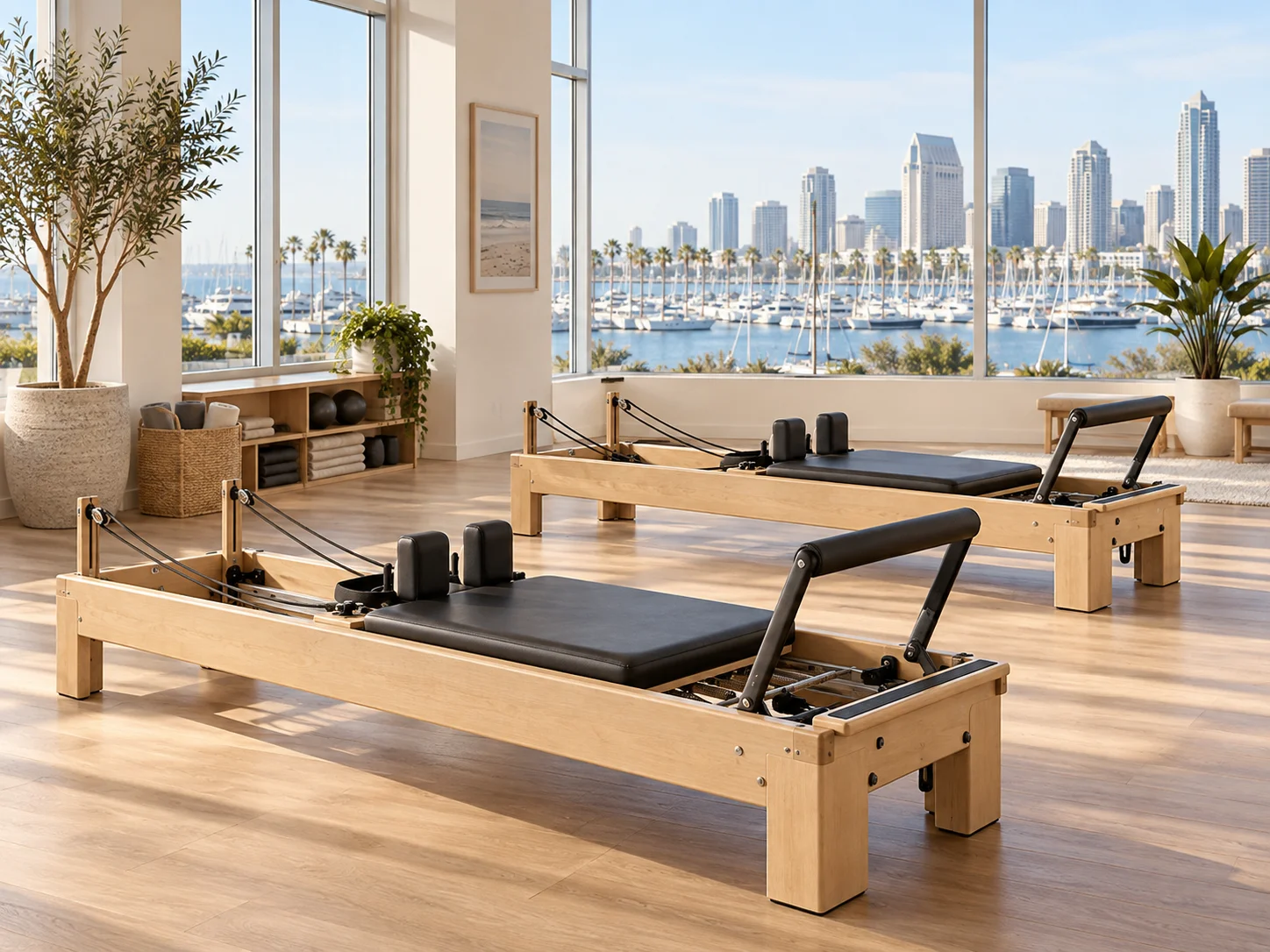 San Diego Pilates illustration: harbor, sailboats and waterfront skyline Illustration of Pilates reformers with San Diego-inspired harbor, sailboats and waterfront skyline