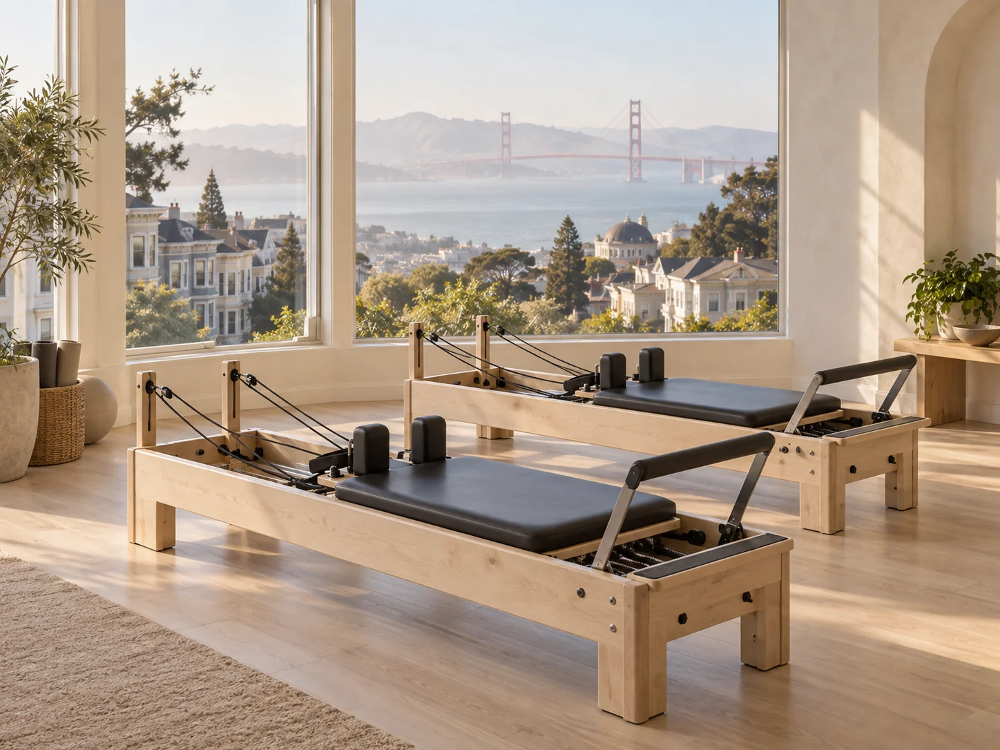 San Francisco Pilates illustration: Victorian houses, bay and red suspension bridge Illustration of Pilates reformers with San Francisco-inspired Victorian houses, bay and red suspension bridge