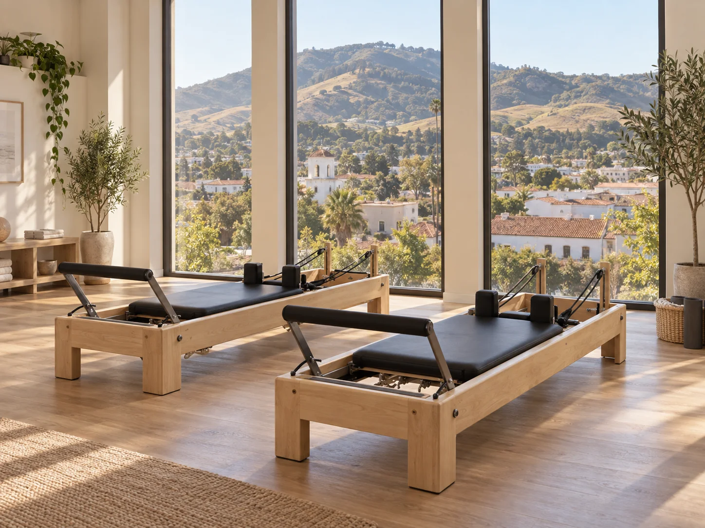 San Luis Obispo Pilates illustration: red tile roofs and rounded foothills Illustration of Pilates reformers with San Luis Obispo-inspired red tile roofs and rounded foothills