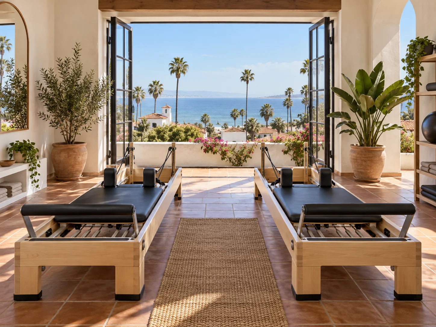 Santa Barbara Pilates illustration: red tile roofs, palms and ocean views Illustration of Pilates reformers with Santa Barbara-inspired red tile roofs, palms and ocean views