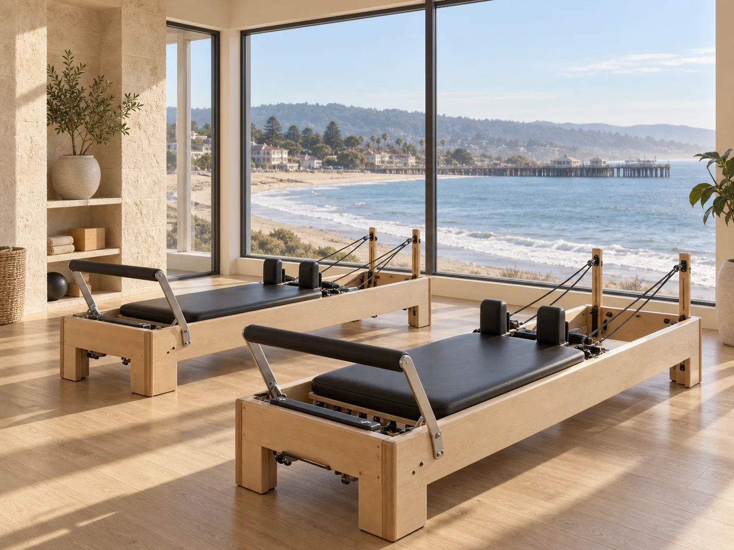 Santa Cruz Pilates illustration: Pacific beach and wooden wharf Illustration of Pilates reformers with Santa Cruz-inspired Pacific beach and wooden wharf