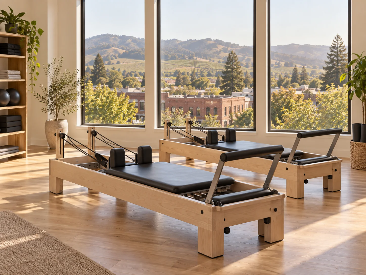 Santa Rosa Pilates illustration: leafy downtown and Sonoma hills Illustration of Pilates reformers with Santa Rosa-inspired leafy downtown and Sonoma hills