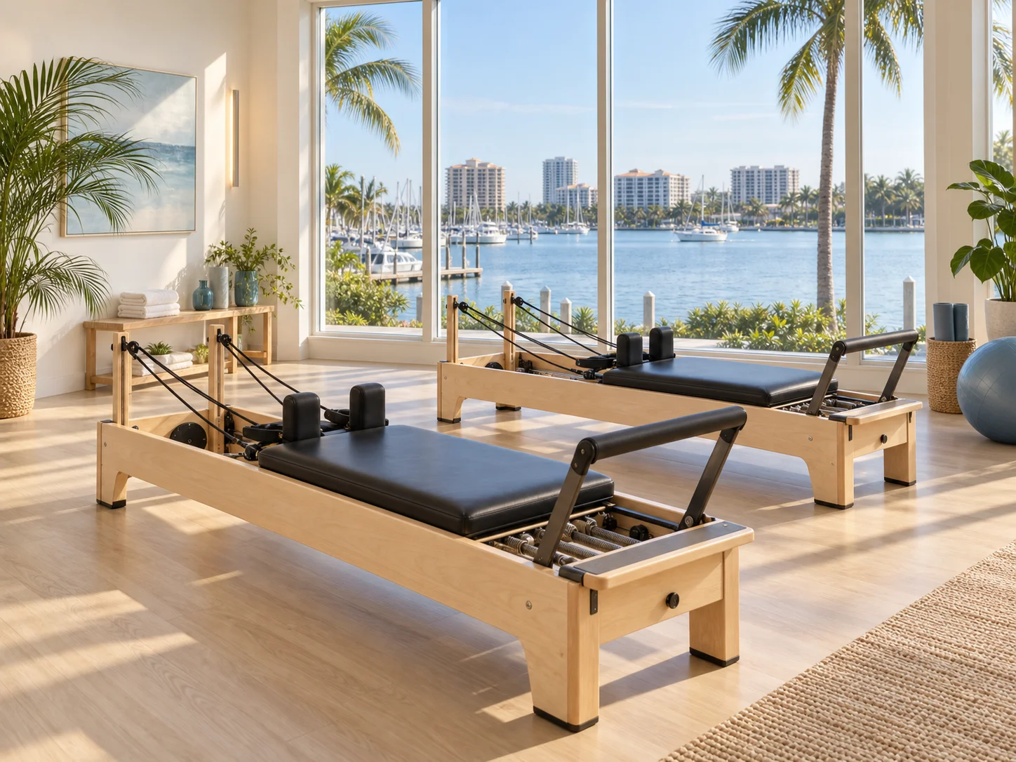 Sarasota Pilates illustration: bayfront marina and waterfront buildings Illustration of Pilates reformers with Sarasota-inspired bayfront marina and waterfront buildings