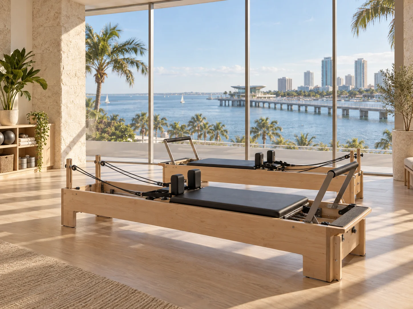 St. Petersburg Pilates illustration: bayfront, pedestrian pier and downtown Illustration of Pilates reformers with St. Petersburg-inspired bayfront, pedestrian pier and downtown
