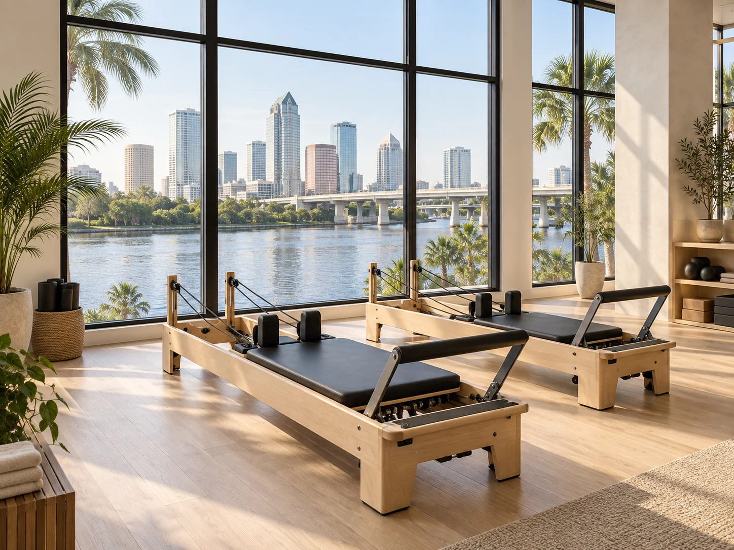 Tampa Pilates illustration: river, bridge and downtown skyline Illustration of Pilates reformers with Tampa-inspired river, bridge and downtown skyline