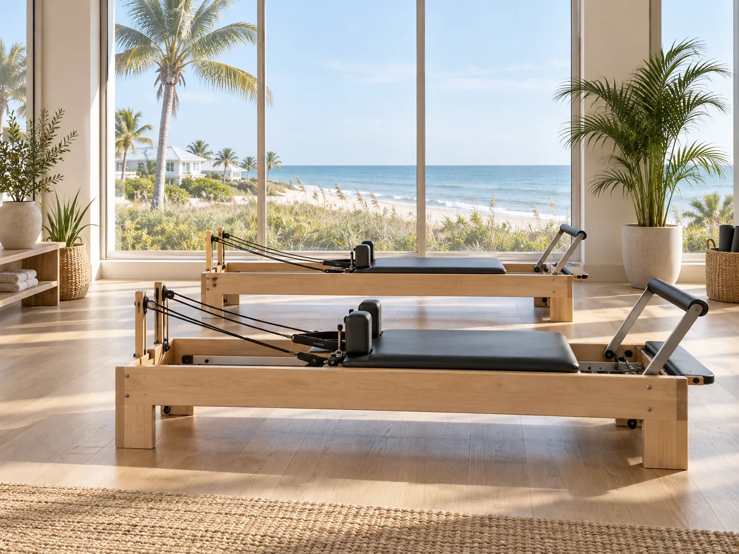 Vero Beach Pilates illustration: Atlantic beach, sea oats and coastal homes Illustration of Pilates reformers with Vero Beach-inspired Atlantic beach, sea oats and coastal homes