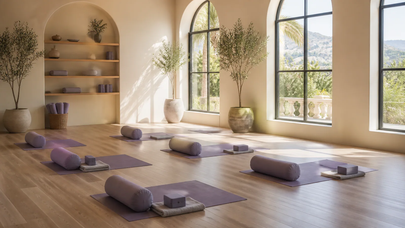Representative Yoga studio interior prepared for class